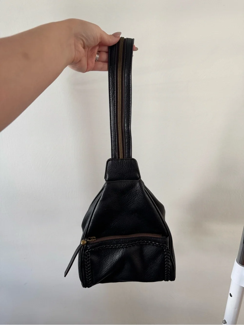 Vintage Black Faux Leather Convertible Backpack Purse | Braided Trim | Y2K Boho